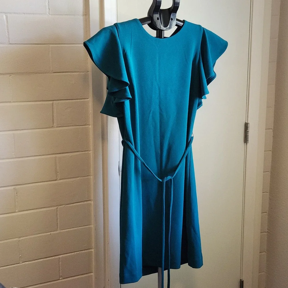 Calvin Klein Womens Teal Ruffle Sleeve‎ Sheath Dress Size 10 Belted Knee Length